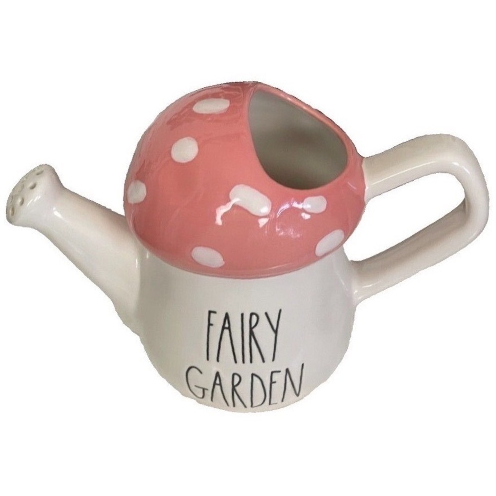 Rae Dunn Fairy Garden Mushroom Watering Can Pink Polka Dot Ceramic Artisan Decor